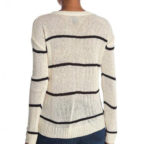 Bobeau Sweater Womens M Medium Oatmeal Black Striped Open Weave Long Sleeve Crew - Picture 2 of 13